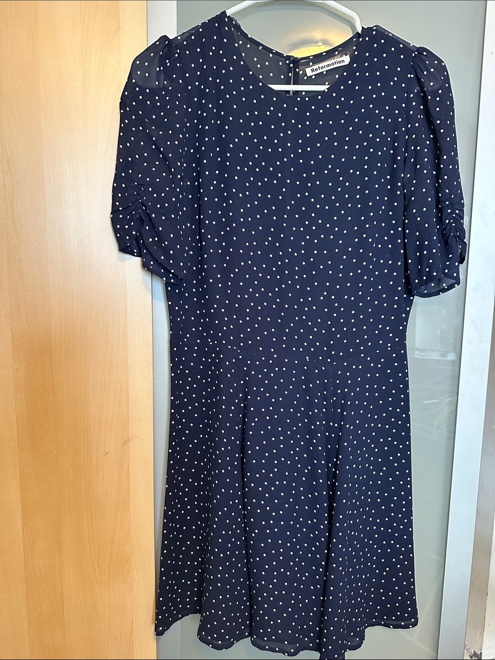 Reformation Navy Blue Polka Dot Puff Sleeve Dress